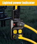 Heavy Duty Nema L14-30p To Four Port Generator Power Adapter With Twist Lock Plug, 30 Amp Extension Cord plugged in grass