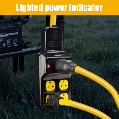 Heavy Duty Nema L14-30p To Four Port Generator Power Adapter With Twist Lock Plug, 30 Amp Extension Cord plugged in grass