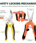 Three Pack Garden Pruning Shears Set With Stainless Steel Blades, focus on yellow and orange handles and safety locking mechanism