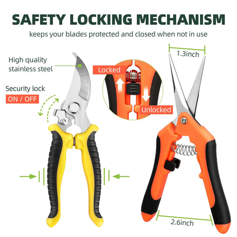 Three Pack Garden Pruning Shears Set With Stainless Steel Blades, focus on yellow and orange handles and safety locking mechanism