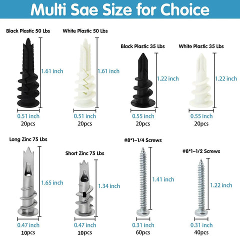 Diagram showing sizes and quantities of Heavy Duty Drywall Anchors And Screws Kit 200 Pieces Self Drilling for various uses.
