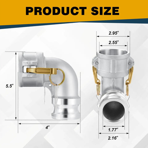 Aluminum Cam and Groove Hose Fitting 2 Inch Female to 2 Inch Male 90 Degree Elbow Camlock size dimensions