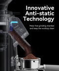 Premium 64Mm Titanium Flat Burr Coffee Grinder With 100 Precision Settings Solid Stainless Steel Body pouring coffee grounds.