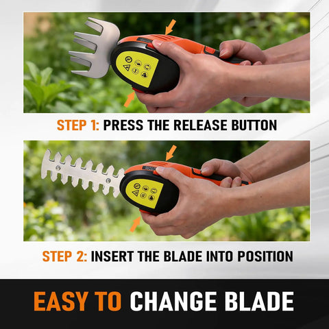 Steps showing how to change the blade on Cordless 2 In 1 Hedge Trimmer And Grass Cutter Lightweight Handheld Tool.