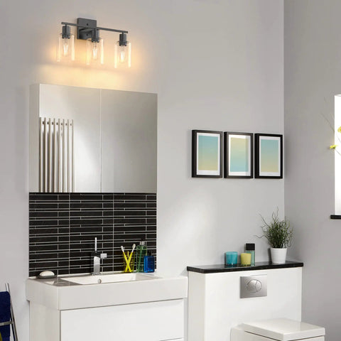Black Vanity Lights For Bathroom With Glass Shade, Sleek Modern UL Listed Vanity Fixtures, three-light over mirror