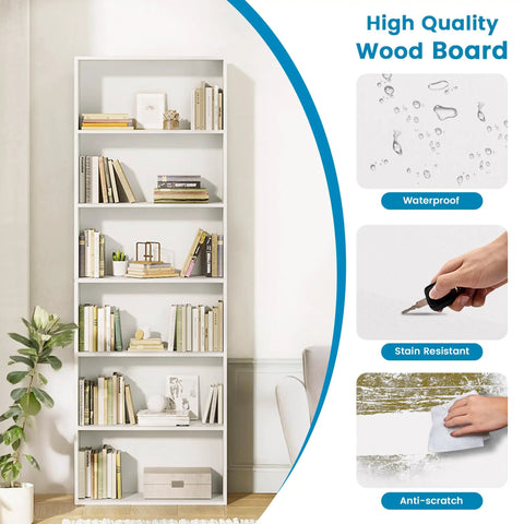 Tall 71 Inch White Bookshelf With Six Open Shelves Floor Standing Bookcase For Living Room Home Office And Bedroom