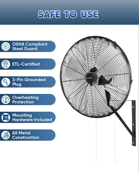 20 Inch Industrial Oscillating Wall Mount Fan Delivers Up To 5500 CFM Beefy High Velocity Airflow For Garages, Workshops And Patios