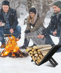 Indoor Outdoor Firewood Rack Portable Wood Log Holder for Fireplace or Firepit with people by a campfire in snowy setting