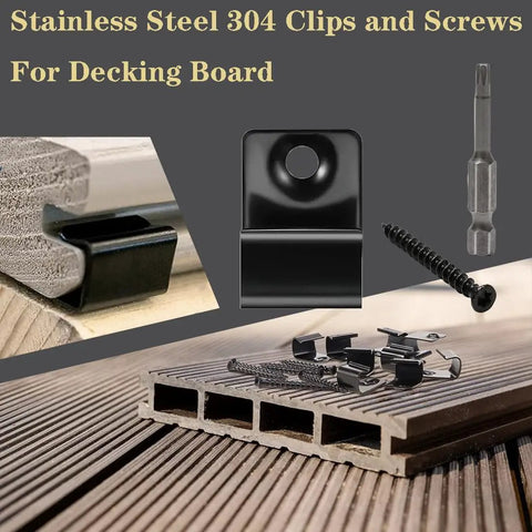 Built Tough 304 Stainless Steel Deck Start Clips, 50 Pc Set With Star Screws And Driver Bits, showing clips and screws for composite boards.