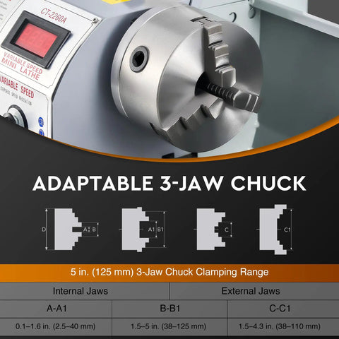 Benchtop Mini Metal Lathe With Nine By Twenty Four Inch Capacity 1100 Watt Brushless Motor 3000 Rpm Spindle Three Jaw Chuck Lcd Display with 5-inch 3-jaw chuck and LCD controls.