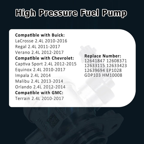 EP1028 High Flow Fuel Pump For Chevrolet And Buick 2.4L 2010 Through 2017 compatibility chart