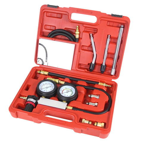 Cylinder leak-down tester kit in red plastic case with dual gauges, hoses and adapters