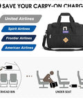 Under Seat Personal Item Duffle Bag 17 By 10 By 9 Inches That Fits United Spirit JetBlue Frontier American And Most Airlines Easy Under Seat Carry On Save On Fees And Travel Light With This Spacious Durable Duffle displayed with airline logos and overhead storage graphic.