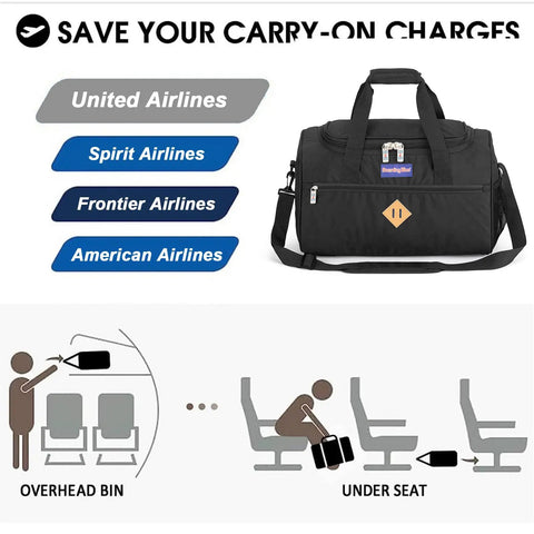 Under Seat Personal Item Duffle Bag 17 By 10 By 9 Inches That Fits United Spirit JetBlue Frontier American And Most Airlines Easy Under Seat Carry On Save On Fees And Travel Light With This Spacious Durable Duffle displayed with airline logos and overhead storage graphic.