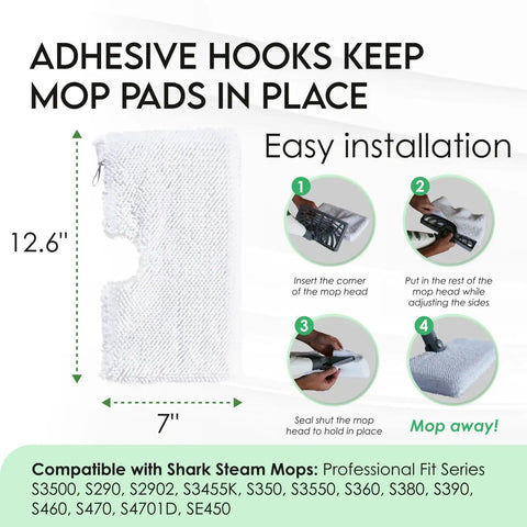 Pro Grade Replacement Microfiber Pads For Steam Mops 4 Pack instructions and dimensions for easy installation, 12.6" x 7".