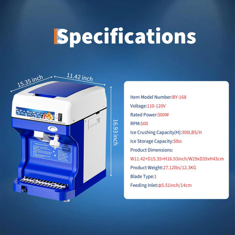 Pro Grade Ice Shaver Crusher With 300 Lbs Per Hour Capacity 500W Tabletop Snow Cone Machine with specifications display