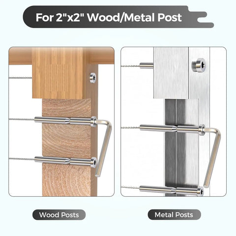 T316 Stainless Steel Invisible Cable Railing Kit With 3/16 Inch Cables And Swage Stud End Fittings For 2X2 Wood Or Metal Posts close-up of wood and metal post fittings.