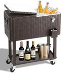 80 Quart Rolling Ice Chest Portable Bar Cooler With Catch Basin, Bottom Storage Tray And Bottle Opener For Patio, Beach, BBQ And Party Gatherings In Durable Rattan Finish