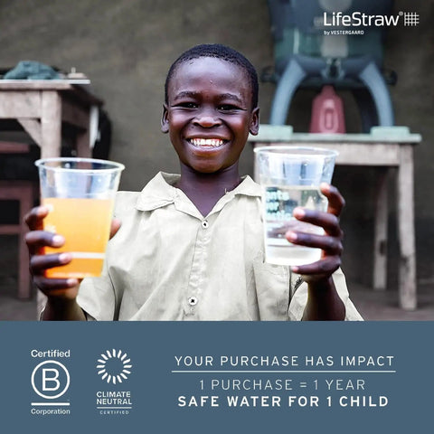 Smiling child holding two cups, one with dirty water, showcasing the impact of Peak Series Personal Water Filter For Hiking, Camping, Travel, And Emergency Prep, Trail Ready Filtration Removes 99.999999 Percent Bacteria, Parasites, And Microplastics, 1 Pack Mountain Blue.