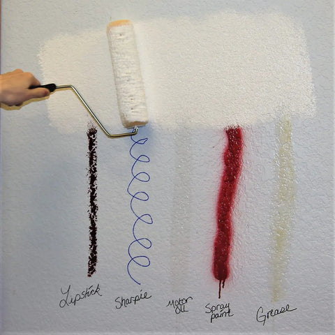 All In One Paint And Primer Gallon White For Indoor And Outdoor Use Adheres To Wood Tile Concrete Stucco And More Great For Walls Cabinets Trim And DIY Projects Durable Exterior Ready For Any Room Or Surface showing white paint covering stains