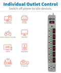 7 Outlet Surge Protector Power Strip With 6 Individually Controlled Switches, 6 Foot Cord, Lifetime Limited Warranty And $25,000 Insurance, Keep Your Gear Safe For PC, Laptop, Printer, Router, TV And Other Home Office Gear, vertical view