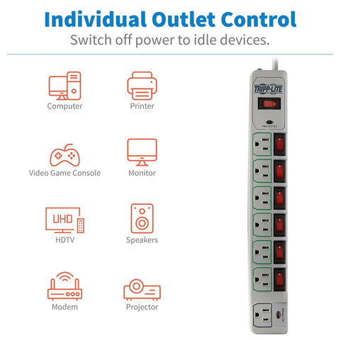 7 Outlet Surge Protector Power Strip With 6 Individually Controlled Switches, 6 Foot Cord, Lifetime Limited Warranty And $25,000 Insurance, Keep Your Gear Safe For PC, Laptop, Printer, Router, TV And Other Home Office Gear, vertical view