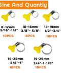 Image of Stainless Steel Hose Clamp Assortment Kit, 48 Pieces, Adjustable 8-29mm with yellow handles, sizes labeled