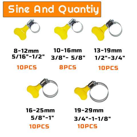 Image of Stainless Steel Hose Clamp Assortment Kit, 48 Pieces, Adjustable 8-29mm with yellow handles, sizes labeled