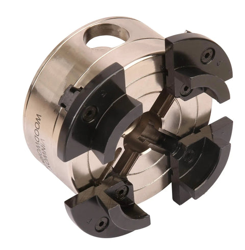 Three And A Half Inch Self Centering Wood Lathe Chuck Set With Round Jaw Mount Includes Step Jaw Pin Jaw Wide Jaw And Adapter Converting 1 By 8 TPI To 3 By 4 TPI Plus Tightening Gear Key T Allen Wrench And Worm Screw Nickel Coated Chuck Body.