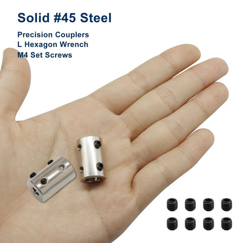 Rock Solid Steel 5mm To 8mm Bore Rigid Shaft Coupler Includes M4 Socket Screws And L Hex Wrench For Cnc Builds built tough, shown in hand.