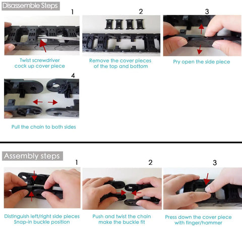 Step-by-step guide for assembling and disassembling the 1 Meter Drag Chain Cable Carrier For CNC Routers And Industrial Machines.