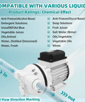 Beast Mode High-Flow DEF Transfer Pump 10.6 GPM Self Priming Electric Diaphragm Drum Pump with motor shown with liquid compatibility chart