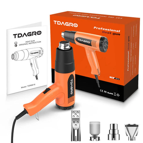 Heavy Duty Heat Gun With Dual Temp Settings 572F And 1112F, 1600W Power, 4 Nozzles, Cordless Design, instructions and packaging