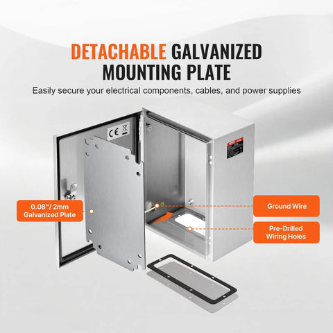 Detachable galvanized mounting plate for Pro Level 16 By 12 By 8 Inch Genuine 304 Stainless Steel Electrical Enclosure Box