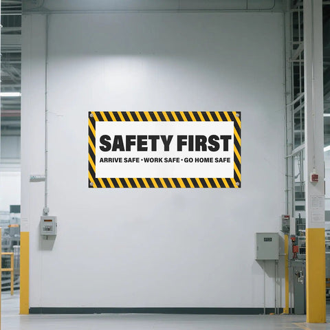 Safety First Banner 2 Pack Arrive At Work Go Home Safe Sign With Grommets 4 By 2 Feet Polyester Fade Resistant Caution Warning Signage