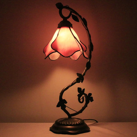 Pink Tiffany Style Stained Glass Table Lamp With Metal Leaf Base, Cozy Desk Reading Light, lit in a dimly lit room, UL Listed, S701 Series.