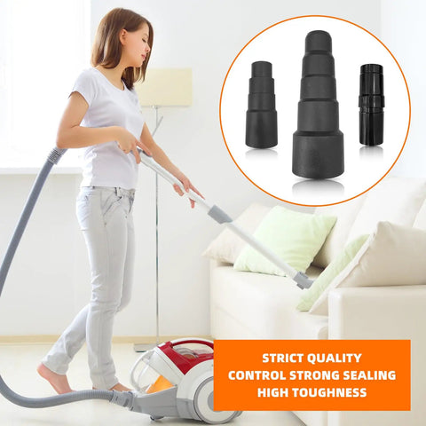 Woman using vacuum with 10 Piece Universal Vacuum Hose Adapter Set For Shop Vac, Reducer Attachments Convert 1-1/4 to 1-1/2 Inch and 32mm to 45mm