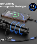 Ridiculously Bright 20000 Lumen USB Rechargeable LED Flashlight charging a smartphone, highlighting 12-hour runtime feature.