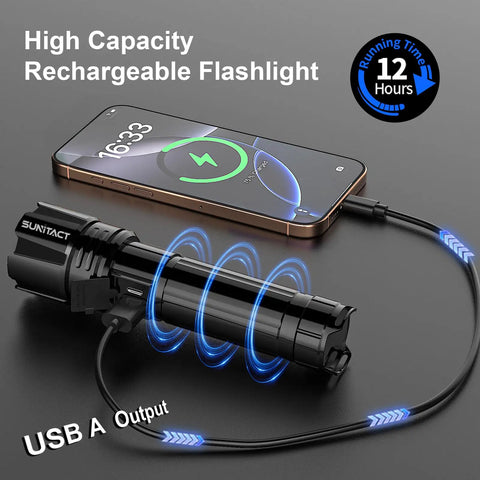 Ridiculously Bright 20000 Lumen USB Rechargeable LED Flashlight charging a smartphone, highlighting 12-hour runtime feature.