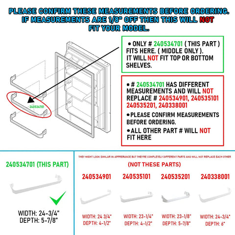 Diagram showing the Door Bar Rack Middle Shelf Replacement For Frigidaire And Kenmore Refrigerators, Part 240534701 dimensions and compatibility.