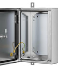 Built Tough 304 Stainless Steel Electrical Enclosure Box IP65 Weatherproof Sealed Housing with open door and removable plate.