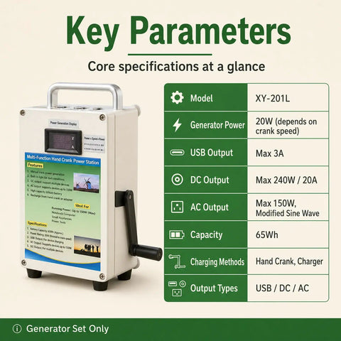 Off Grid Power On The Go With 150W And 500W Hand Crank Generator showing key parameters and specifications