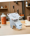 Heavy Duty 4 Inch Swivel Caster Wheel Bracket With Brake And Lock For Heavy Load Furniture And Shop Equipment Built Tough Steel Cart Frame Roller on a workbench.