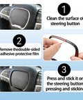 Installation steps for Central Control Steering Button Frame Trim for Dodge 2015-2025 models, showing adhesive application.