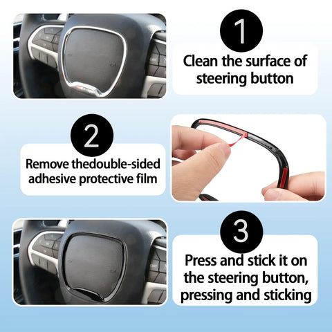 Installation steps for Central Control Steering Button Frame Trim for Dodge 2015-2025 models, showing adhesive application.