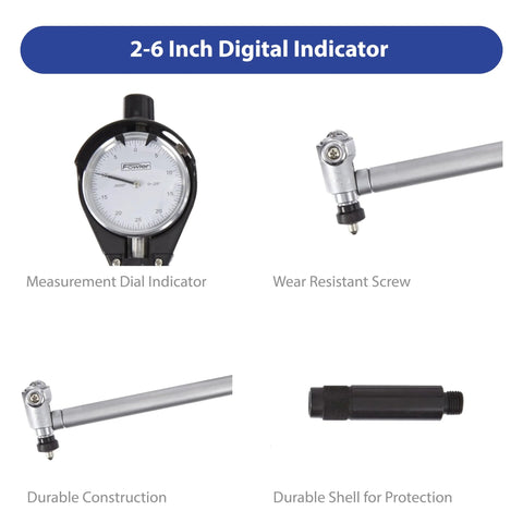 Fowler dial bore gauge kit with extender, 1.4-6 in range, front view showing dial indicator and extender rod