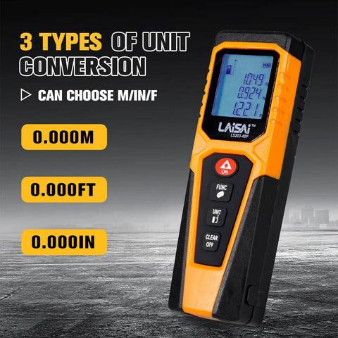 Precision Laser Distance Meter For Quick Accurate Measurements Up To 130 Feet With Backlit LCD Display One Hand Operation Large Readout Durable DIY Tool For Builders And Handymen, unit conversion display