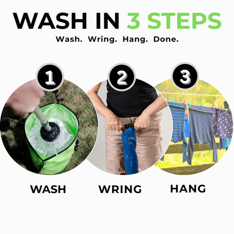 Wash in 3 steps with All In One Hand Wash Bag And Plunger Set For Off Grid Camping And Travel, Non Electric, Eco Friendly Portable Manual Clothes Washer For RVs