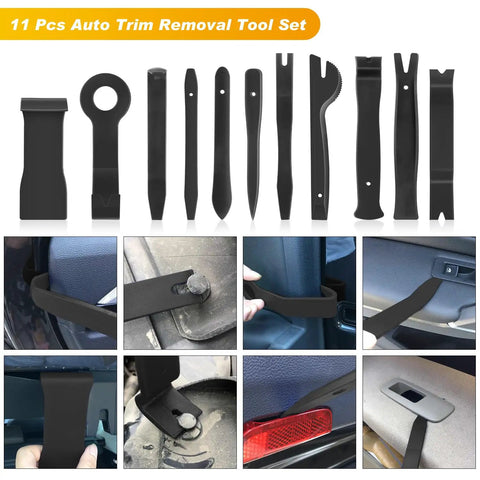 Straight Up 19 Piece Automotive Trim Removal Tool Set Featuring Hella Tough Nylon Panel Pry Bars And Dash Clip Extractors With A Roomy Carry Bag, showing 11 durable tools in black for interior use.