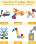 Assemble creative model options from 39 Piece Kids Tool Set With Apron. Wooden pieces form airplane, snowmobile, dog, flower, trolley.